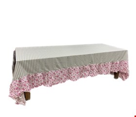 Toalha de Mesa Marrom Quadriculada com Babado Rosa Floral 3m