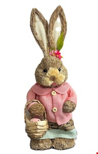 Temático Páscoa - Coelho em Palha Vestido Rosa 46cmA