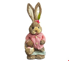 Temático Páscoa - Coelho em Palha Vestido Rosa 46cmA