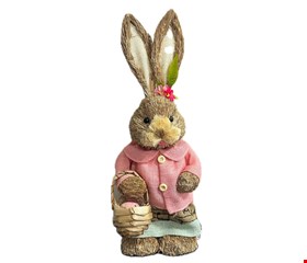Temático Páscoa - Coelho em Palha Vestido Rosa 46cmA