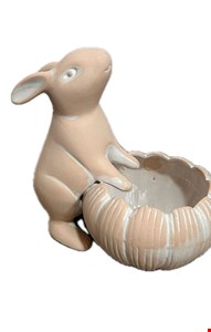 Coelho Cerâmica Fosco Creme Com Cesta Flor M 