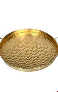 Bandeja Redonda Dourada com Alça Madeira 26cmD