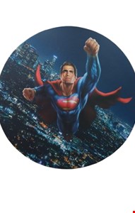 Painel Redondo Tecido Sublimado Super Homem Flutuando Por Cima da Cidade 1,50cmD