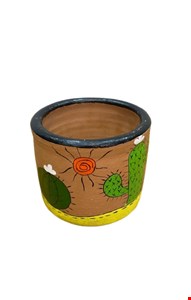 Vaso Barro Amarelo e Marrom Com Cacto  12cmD 14cmA