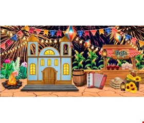 Painel tecido sublimado Retangular Noite de São João Com Igreja Azul - 4,5mL x 3,5mA