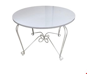 Mesa branca redonda ferro e couro baixa 70cmD 49cmA