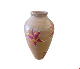 Vaso Barro Borda Trabalhada Decorado Flor Vermelha  50cmA 13cmD