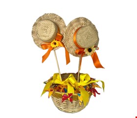 Temático São João - Centro de Mesa 2 Chapéus Palha Decorado Amarelo e Laranja