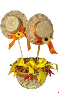 Temático São João - Centro de Mesa 2 Chapéus Palha Decorado Amarelo e Laranja