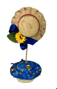 Temático São João - Centro de Mesa Chapéu Palha Decorado Azul Girassol