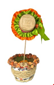 Temático São João - Centro de Mesa Chapéu Palha Decorado Verde e Laranja
