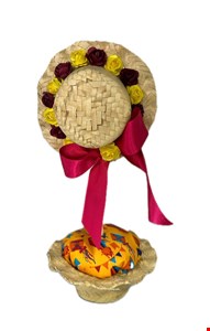 Temático São João - Centro de Mesa Chapéu Palha Decorado Amarelo e Vermelho