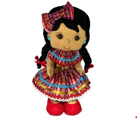 Temático São João - Boneca Morena Vestido Xadrez Vermelho Feltro M 