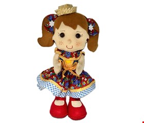 Temático São João - Boneca Vestido Florido e Xadrez Azul Feltro M 