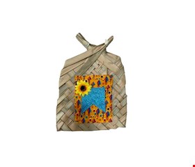 Temático São João - Abanador de Palha Decorado Bandeirola Amarelo e Azul M 37cmA 31cmL