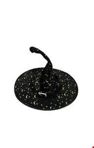 Temático Halloween - Chapéu Bruxa Veludo Preto Lua e Estrelas Dourada 38cmD