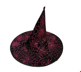 Temático Halloween - Chapéu Bruxa Veludo Preto e Glitter Aranha Rosa 43cmD