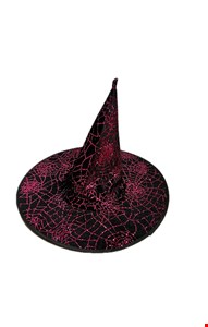 Temático Halloween - Chapéu Bruxa Veludo Preto e Glitter Aranha Rosa 43cmD