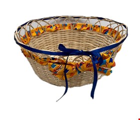 Temático São João - Cesta em Palha Tecido Amarelo Fita Azul