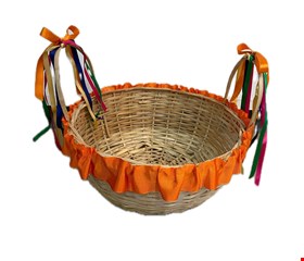 Temático São João - Cesta em Palha com Alça Fita Laranja Laço Colorido