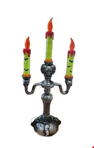 Temático Halloween - Castiçal Caveira Prata Vela Luminosa Verde 39cmA