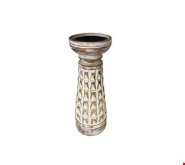 Castiçal Madeira Branco Patina M 25cmA