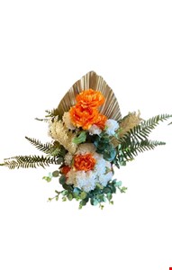 Arranjo Leque Desidratado e Flores Brancas e Laranjas GG Arranjo Leque Desidratado e Flores Brancas e Laranjas GG