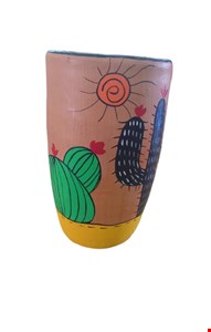 Vaso decorativo Cacto verde e preto base amarela - 24cmA
