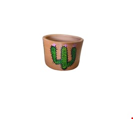 Cachepot em barro com cacto verde e detalhes colorido - 13cmA
