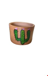 Cachepot em barro com cacto verde e detalhes colorido - 13cmA