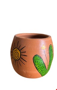 Cachepot em barro redondo com detalhes de sol e cacto - 15cmA
